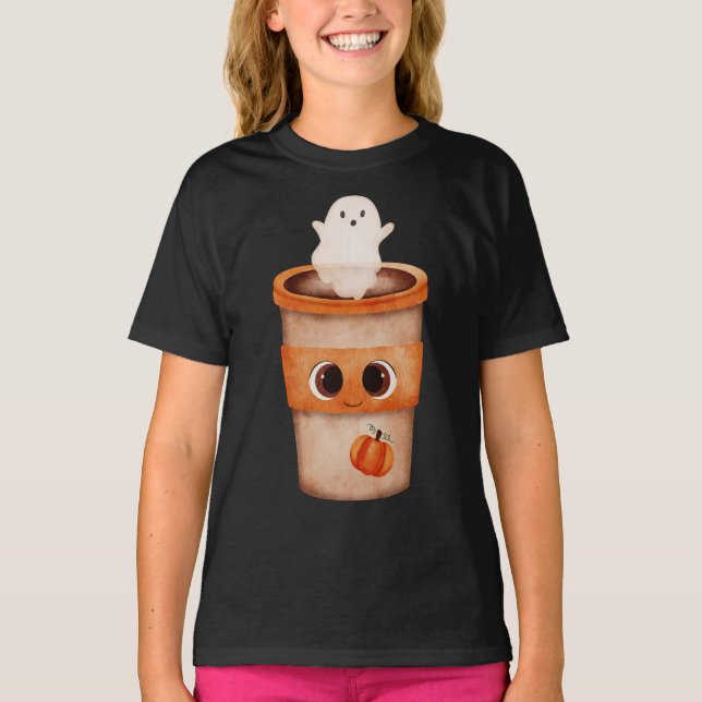 Cute Ghost Coffee Cup Kids Halloween T-Shirt (Front)