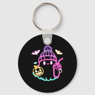 Cute Ghost Coffee Drinking Spooky Halloween Key Ring