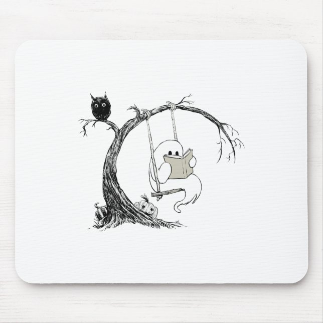 Cute Ghost Costume Swinging Reading Book Halloween Mouse Pad (Front)