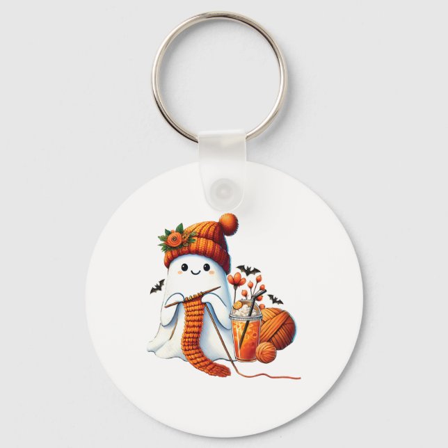 Cute Ghost Crochet Knitting Lovers Halloween Coffe Key Ring (Front)