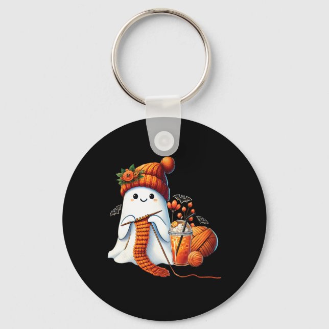 Cute Ghost Crochet Knitting Lovers Halloween Coffe Key Ring (Front)