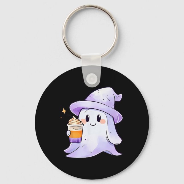 Cute Ghost Drinking Coffee Couple Halloween Coffee Key Ring (Front)