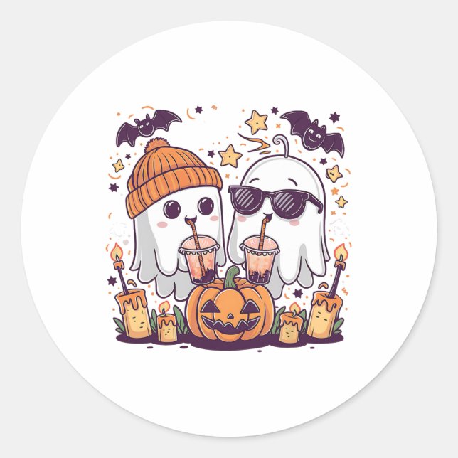 Cute Ghost Drinking Coffee Funny Halloween Costume Classic Round Sticker (Front)