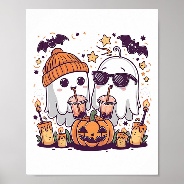 Cute Ghost Drinking Coffee Funny Halloween Costume Poster (Front)