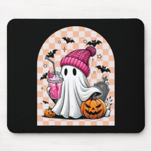 Cute Ghost Drinking Coffee Ghost Halloween Chequer Mouse Pad