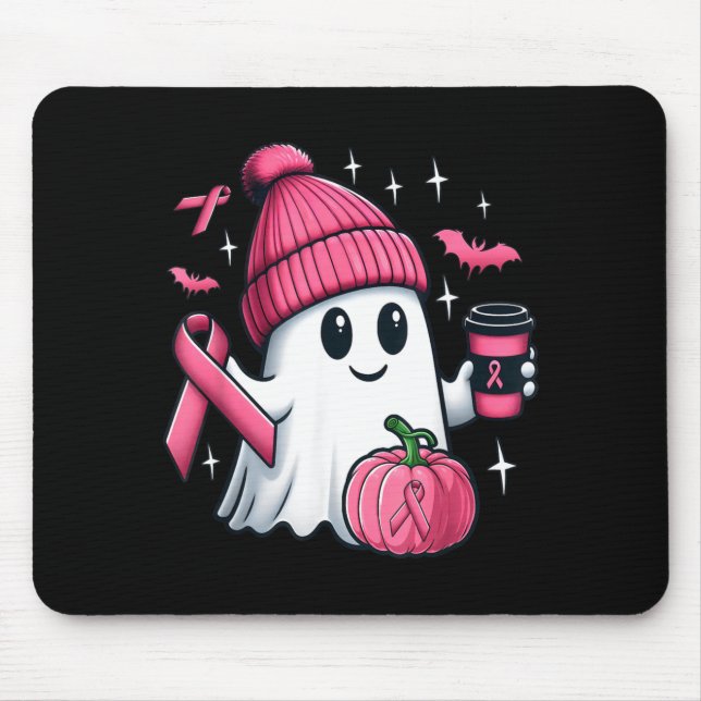Cute Ghost Drinking Coffee Halloween Breast Cancer Mouse Pad (Front)
