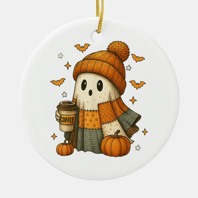 Cute Ghost Drinking Coffee Halloween  Ceramic Tree Decoration (Front)