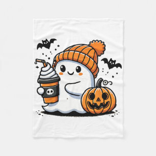 Cute Ghost Drinking Coffee Halloween Coffee Lovers Fleece Blanket