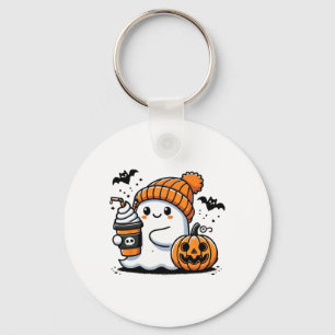 Cute Ghost Drinking Coffee Halloween Coffee Lovers Key Ring