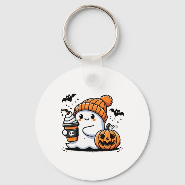 Cute Ghost Drinking Coffee Halloween Coffee Lovers Key Ring (Front)