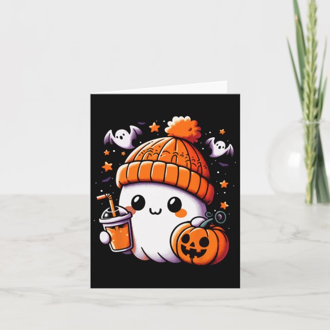 Cute Ghost Drinking Coffee Halloween Coffee Womens Card (Front)