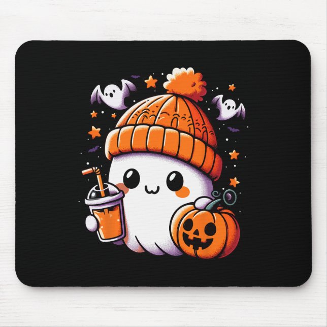 Cute Ghost Drinking Coffee Halloween Coffee Womens Mouse Pad (Front)