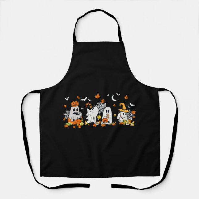 Cute Ghost Drinking Coffee Halloween Fall Ghost Bo Apron (Front)