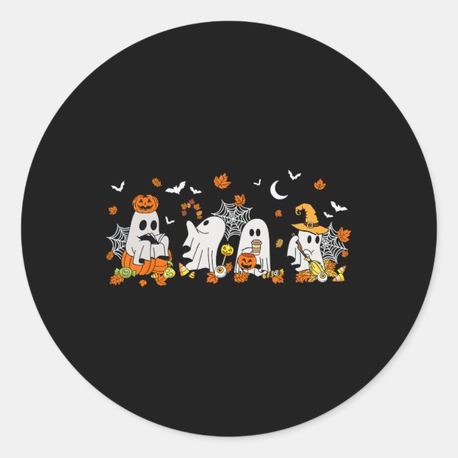 Cute Ghost Drinking Coffee Halloween Fall Ghost Bo Classic Round Sticker (Front)