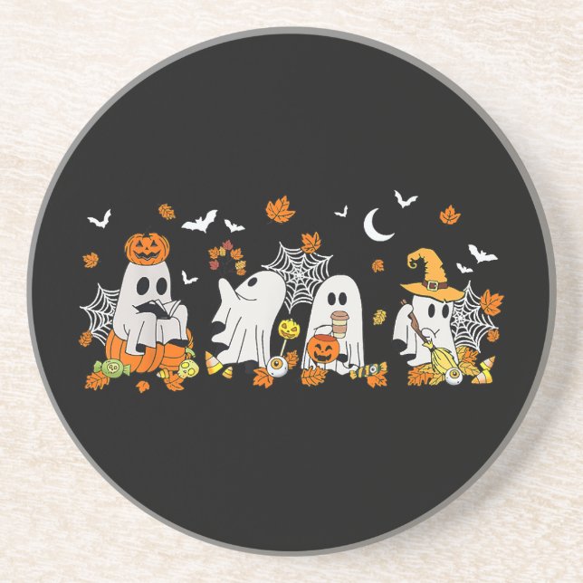 Cute Ghost Drinking Coffee Halloween Fall Ghost Bo Coaster (Front)