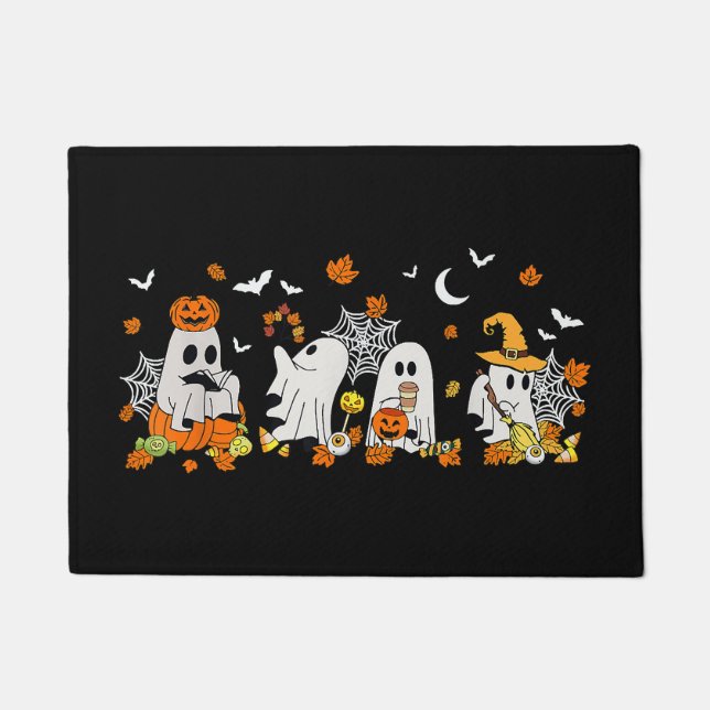 Cute Ghost Drinking Coffee Halloween Fall Ghost Bo Doormat (Front)
