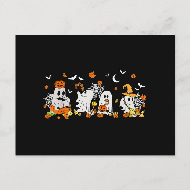 Cute Ghost Drinking Coffee Halloween Fall Ghost Bo Holiday Postcard (Front)