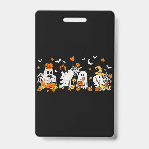 Cute Ghost Drinking Coffee Halloween Fall Ghost Bo ID Badge