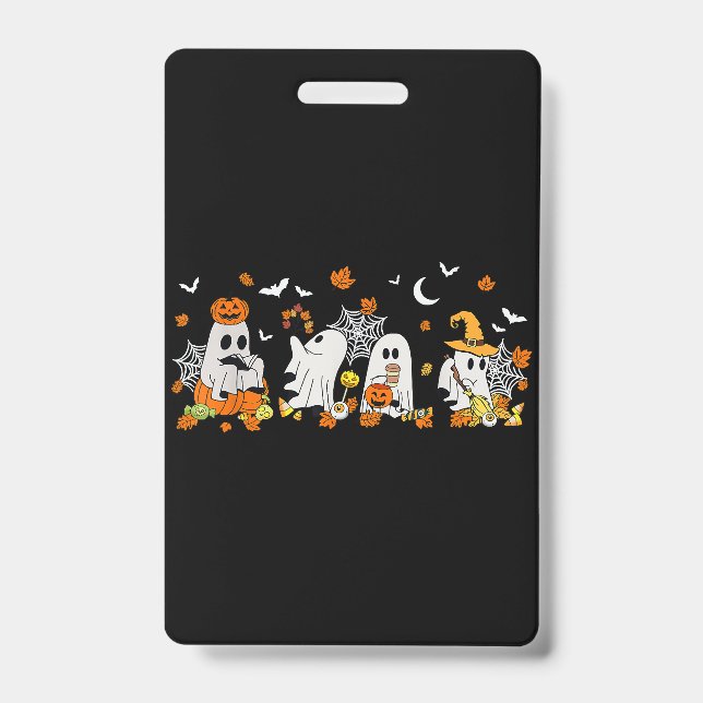 Cute Ghost Drinking Coffee Halloween Fall Ghost Bo ID Badge (Front)