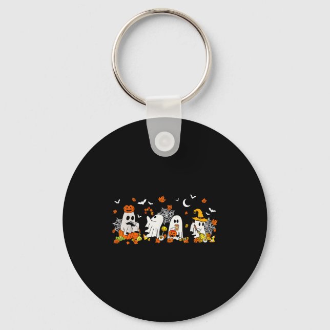 Cute Ghost Drinking Coffee Halloween Fall Ghost Bo Key Ring (Front)