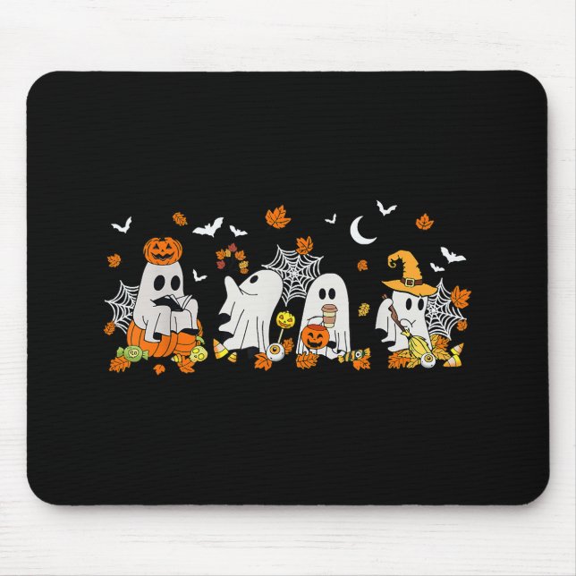 Cute Ghost Drinking Coffee Halloween Fall Ghost Bo Mouse Pad (Front)