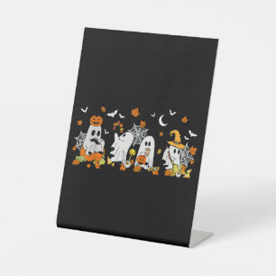 Cute Ghost Drinking Coffee Halloween Fall Ghost Bo Pedestal Sign