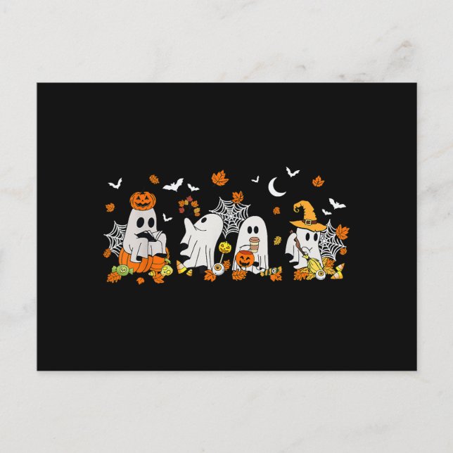Cute Ghost Drinking Coffee Halloween Fall Ghost Bo Postcard (Front)