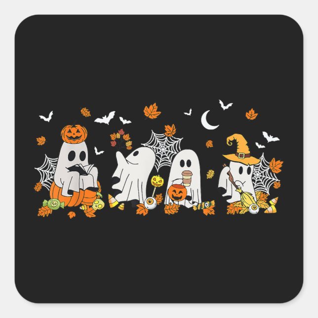 Cute Ghost Drinking Coffee Halloween Fall Ghost Bo Square Sticker (Front)