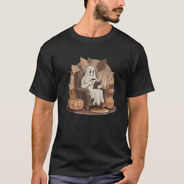 Cute Ghost Drinking Coffee Halloween Fall Ghost Bo T-Shirt (Front)