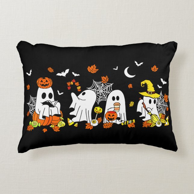 Cute Ghost Drinking Coffee Halloween Fall Ghost  Decorative Cushion (Front)