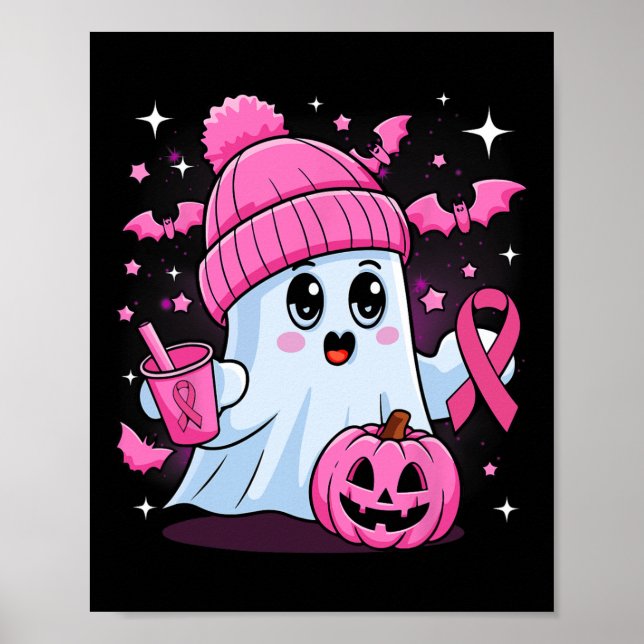Cute Ghost Drinking Coffee Halloween Ghost Breast  Poster (Front)