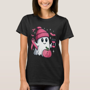 Cute Ghost Drinking Coffee Halloween Ghost Breast  T-Shirt