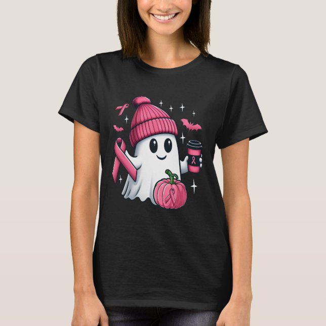Cute Ghost Drinking Coffee Halloween Ghost Breast  T-Shirt (Front)