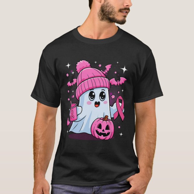 Cute Ghost Drinking Coffee Halloween Ghost Breast  T-Shirt (Front)