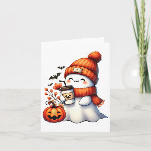 Cute Ghost Drinking Coffee Halloween Ghost Coffee Card