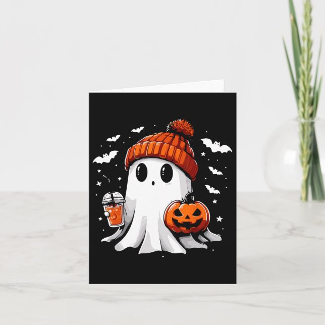 Cute Ghost Drinking Coffee Halloween Ghost Coffee  Card (Front)