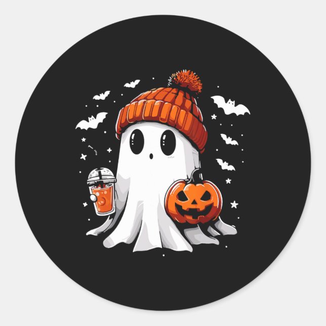 Cute Ghost Drinking Coffee Halloween Ghost Coffee  Classic Round Sticker (Front)