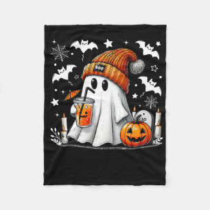 Cute Ghost Drinking Coffee Halloween Ghost Coffee  Fleece Blanket
