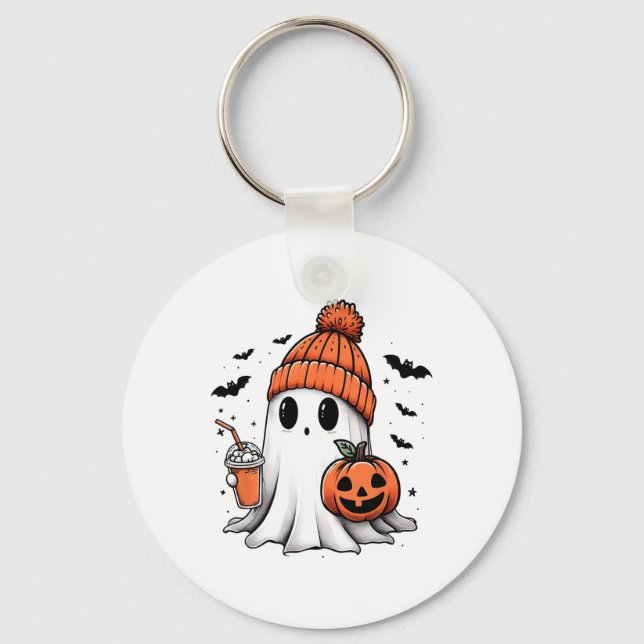 Cute Ghost Drinking Coffee Halloween Ghost Coffee  Key Ring (Front)