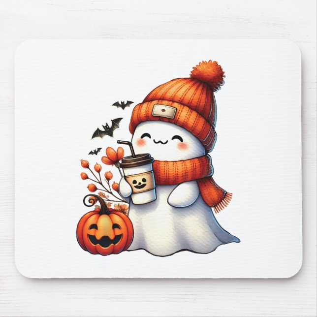 Cute Ghost Drinking Coffee Halloween Ghost Coffee  Mouse Pad (Front)