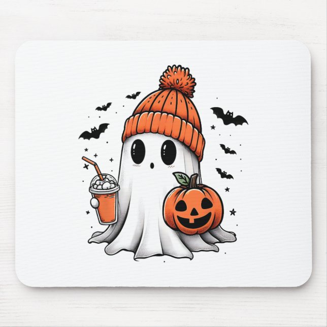 Cute Ghost Drinking Coffee Halloween Ghost Coffee  Mouse Pad (Front)