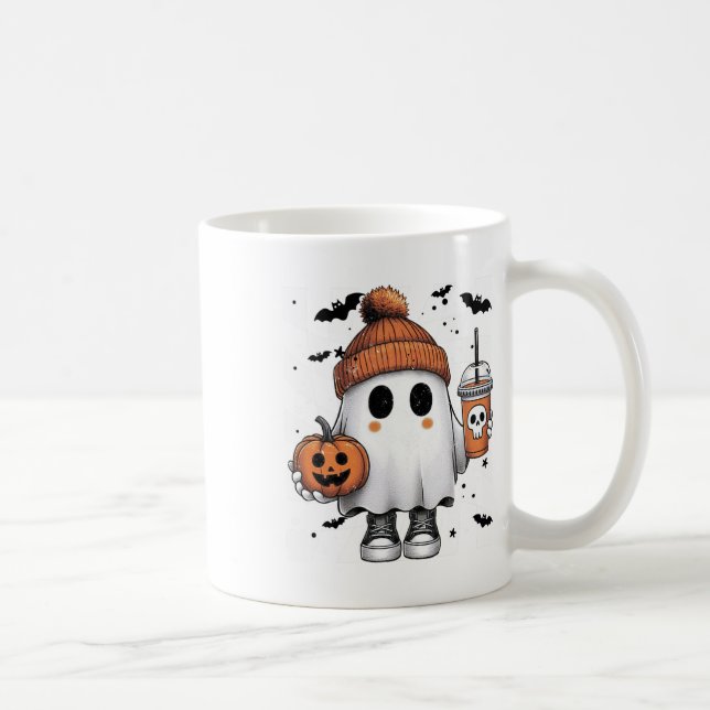 Cute Ghost Drinking Coffee Halloween Ghost Coffee  Mug (Right)