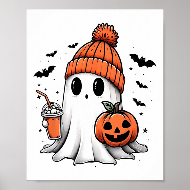 Cute Ghost Drinking Coffee Halloween Ghost Coffee  Poster (Front)
