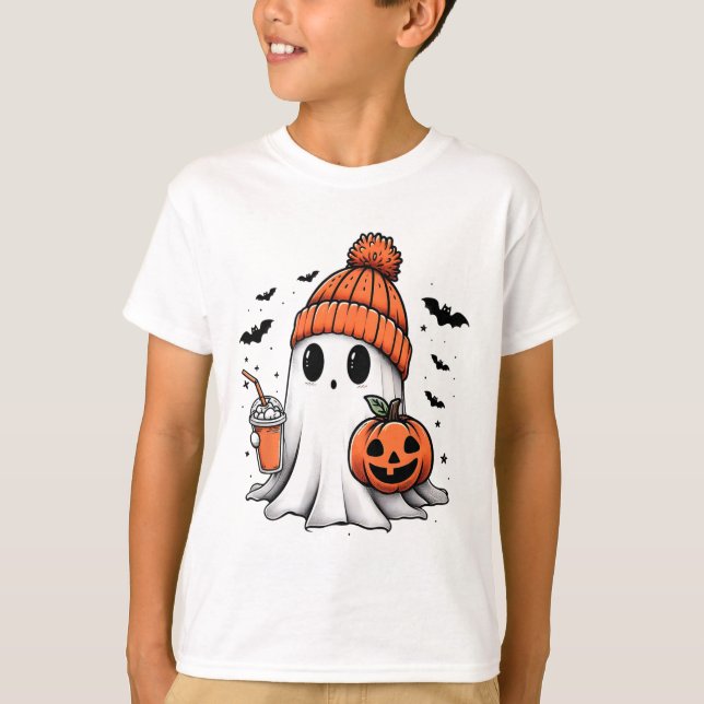 Cute Ghost Drinking Coffee Halloween Ghost Coffee  T-Shirt (Front)