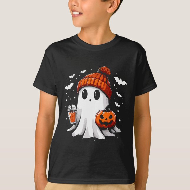 Cute Ghost Drinking Coffee Halloween Ghost Coffee  T-Shirt (Front)