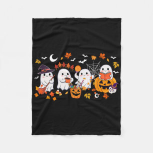 Cute Ghost Drinking Coffee Halloween Ghost Fall Bo Fleece Blanket