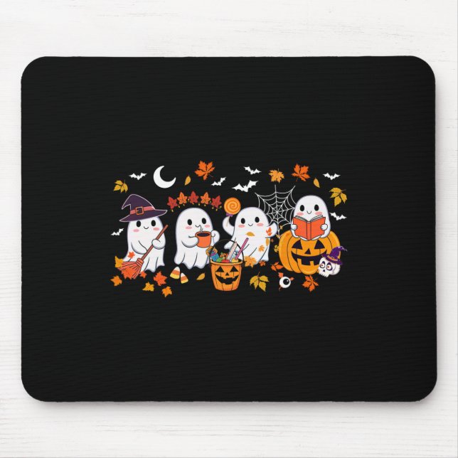 Cute Ghost Drinking Coffee Halloween Ghost Fall Bo Mouse Pad (Front)