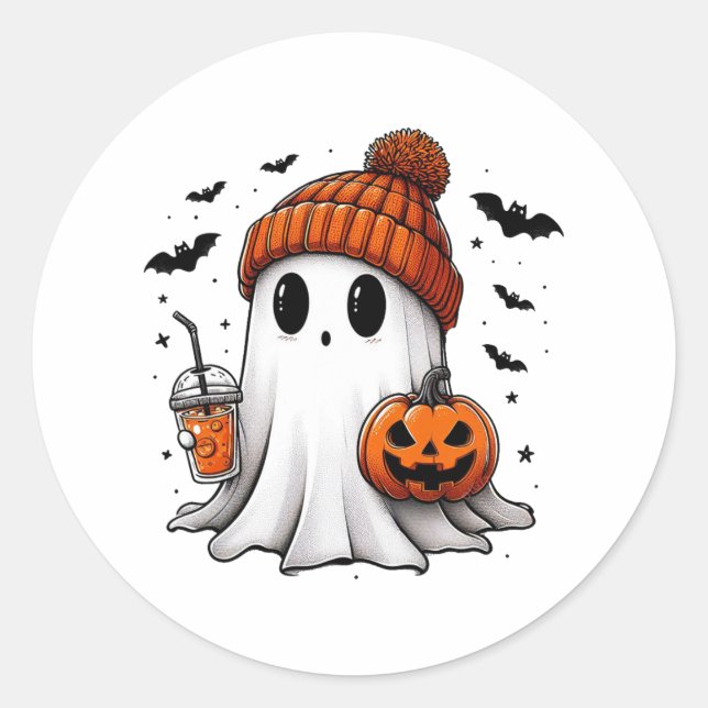 Cute Ghost Drinking Coffee Halloween Ghost Ice Cof Classic Round Sticker (Front)