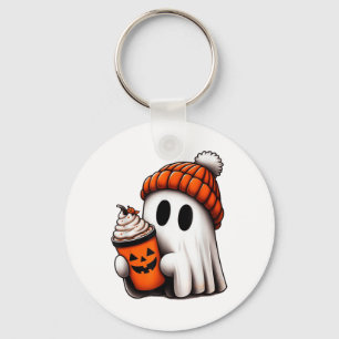Cute Ghost Drinking Coffee Halloween Ghost Ice Cof Key Ring