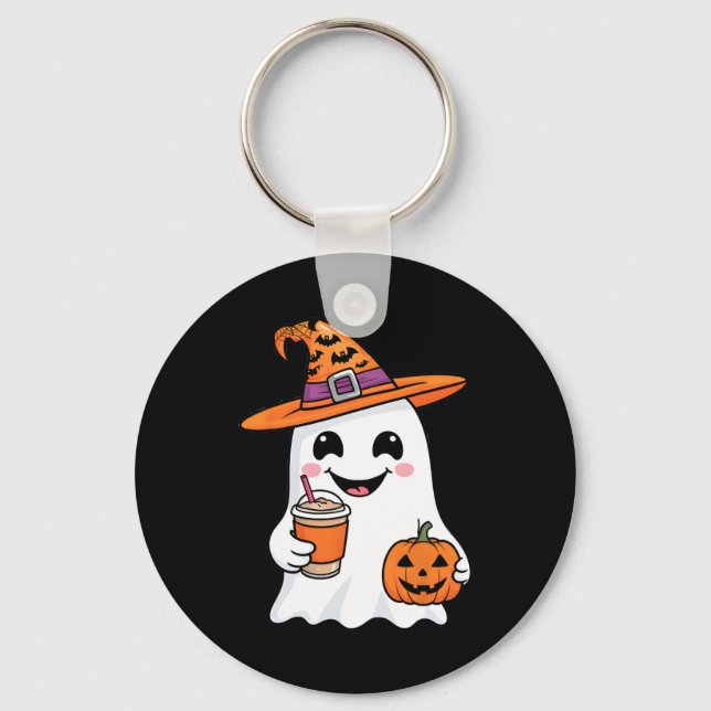 Cute Ghost Drinking Coffee Halloween Ghost Ice Cof Key Ring (Front)